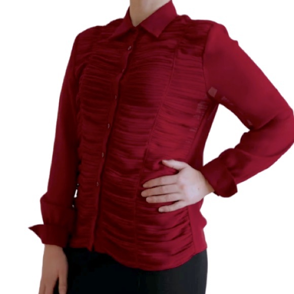 Vintage A.B.S Allen Schwartz sz Large Cherry Red Shirred Blouse - Picture 2 of 4